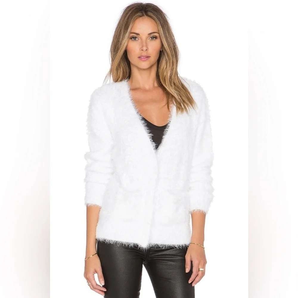 ANINE BING White Fuzzy Cardigan Sweater Small Shaggy V-Neck Button Front Pockets
